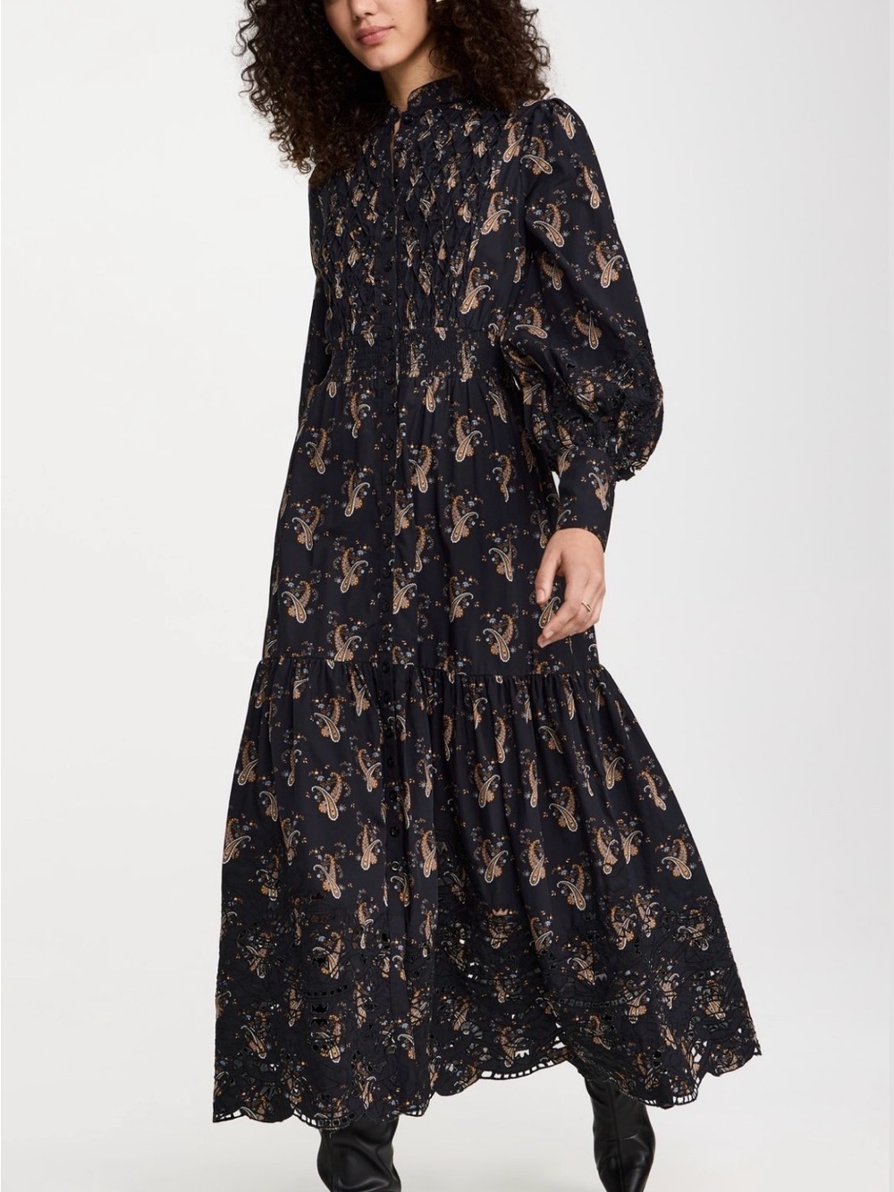 Smocked Paisley Black Maxi Dress with Long Sleeves